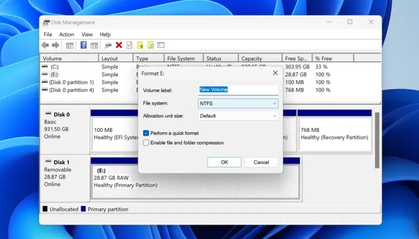Datenträgerverwaltung zeigt ein Fenster zur Formatierung einer **raw partition** (E:) mit NTFS-Dateisystem.