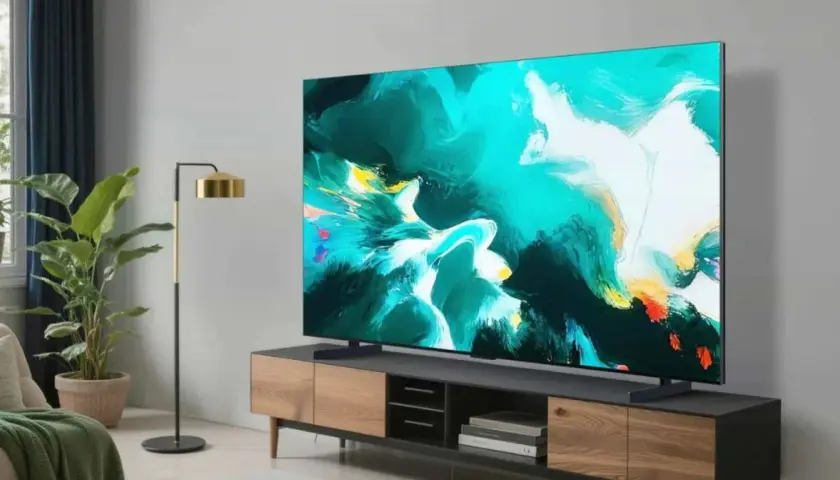 Nowoczesny salon z telewizorem TCL C8K wyświetlającym abstrakcyjny obraz. Obok stoi lampa i rośliny.
