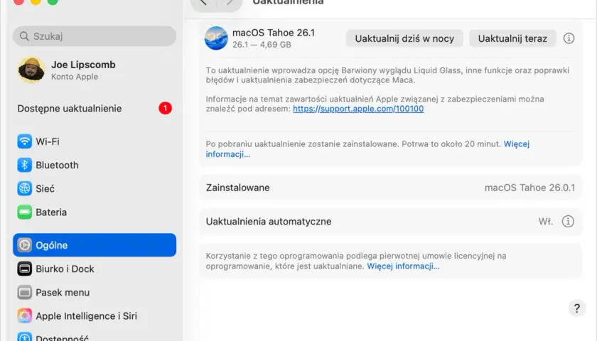 Uaktualnienie macOS Tahoe 26.1 jest gotowe do instalacji. Możesz je uaktualnić dziś w nocy lub teraz, aby cieszyć się nowymi funkcjami.