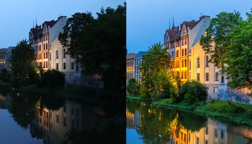 Porównanie **raw vs jpg**: ciemny, surowy obraz po lewej kontrastuje z jasnym, przetworzonym po prawej, ukazując budynki nad rzeką w wieczornym świetle.