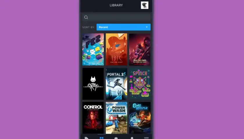 Aplikacja Steam na telefonie pokazuje bibliotekę gier, co sugeruje, że można grać w gry ze Steam na telefonie.