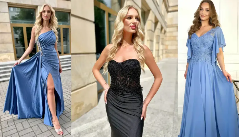 Trzy kobiety w eleganckich sukniach: niebieskiej asymetrycznej, czarnej gorsetowej i błękitnej z koronką.