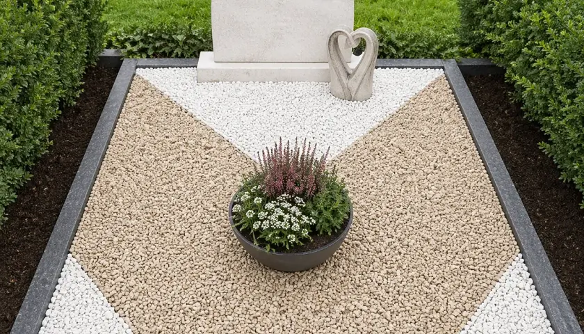 Grabgestaltung mit Kies und Bodendecker: Ein Grabfeld mit einem Grabstein, einem Herzsymbol und einer Schale mit Heidekraut und kleinen weißen Blumen.