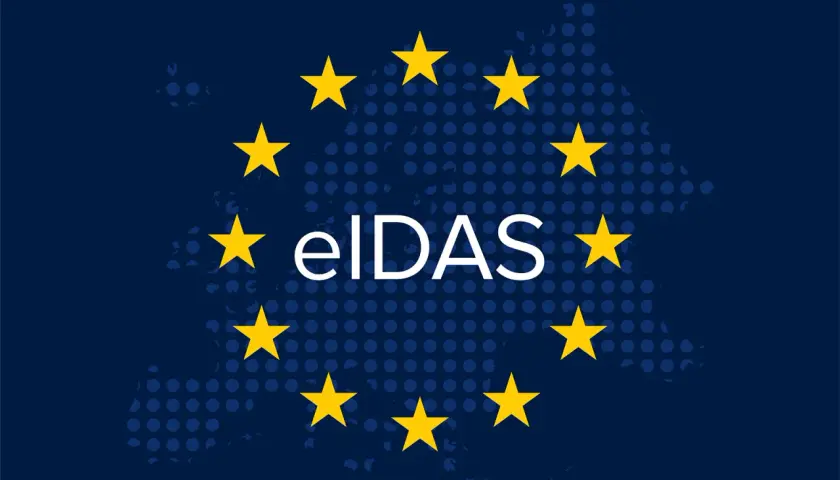 El logo eIDAS, con estrellas amarillas sobre un mapa de Europa punteado, representa la confianza digital y el certificado electrónico.
