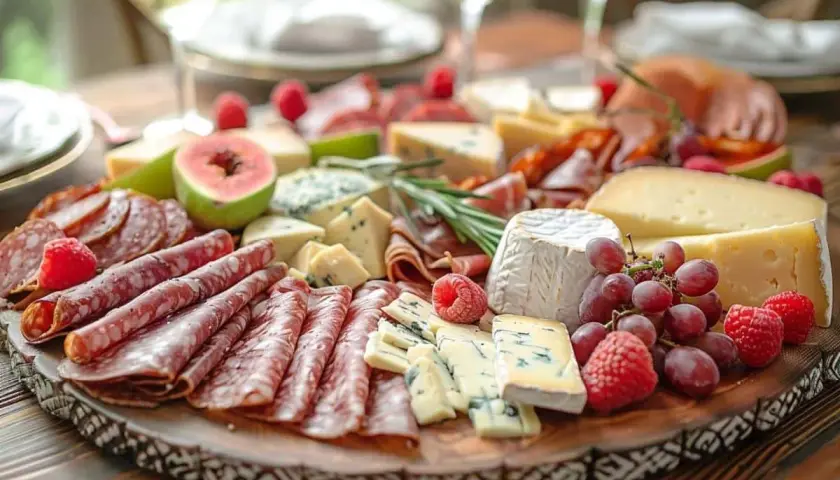 Plateau de charcuterie et fromages variés, fruits rouges et raisins. Une belle idée repas pour un apéritif gourmand.