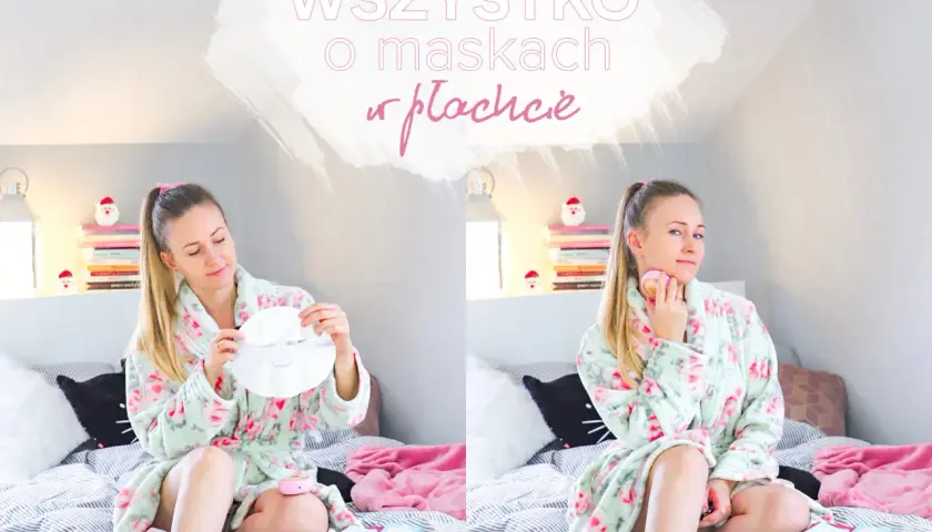 Czy po maseczce w płachcie nakłada się krem? Kobieta w szlafroku pokazuje maskę i urządzenie do pielęgnacji twarzy.
