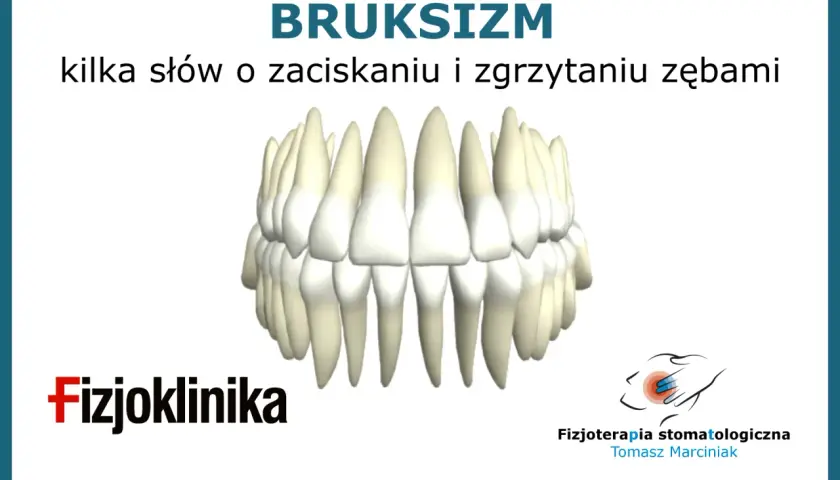 Bruksizm to problem zaciskania zębów, który może wpływać na policzki. Grafika przedstawia zęby i logo Fizjokliniki.