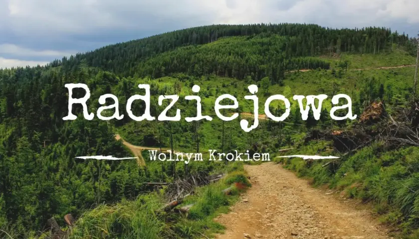 Radziejowa, diadem polskich gór wykaz szczytów. Droga przez las, zielone zbocza, chmury na niebie.