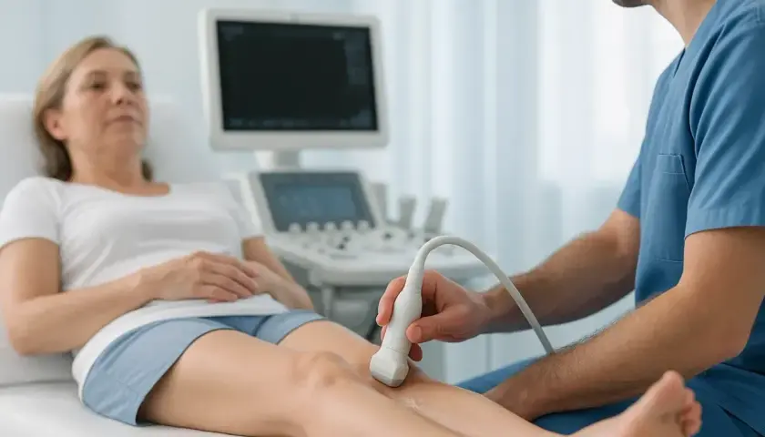 Lekarz wykonuje badanie doppler żył kończyn dolnych u pacjentki leżącej na kozetce.