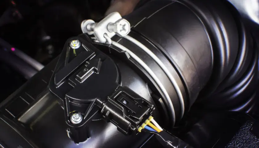 Schwarzer Ladedrucksensor mit Kabeln an einem Ansaugschlauch im Motorraum.