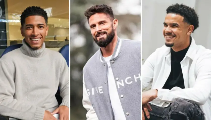 Trzech przystojnych piłkarzy: Jude Bellingham, Olivier Giroud i Mason Mount, uśmiechają się do obiektywu.