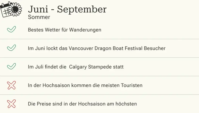 Juni-September: beste reisezeit westkanada für Wanderungen. Vancouver & Calgary locken mit Festivals, aber auch mit vielen Touristen und hohen Preisen.