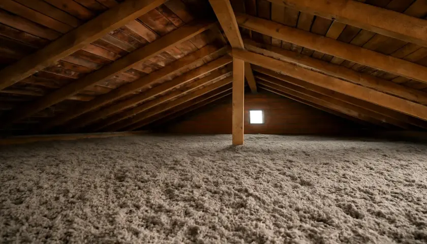 Solaio non calpestabile con isolamento in fibra. Travi in legno e un piccolo lucernario illuminano l'ambiente.
