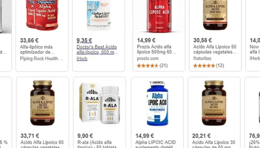 Varias botellas y cajas de suplementos de ácido alfa lipoico en diferentes marcas y presentaciones.