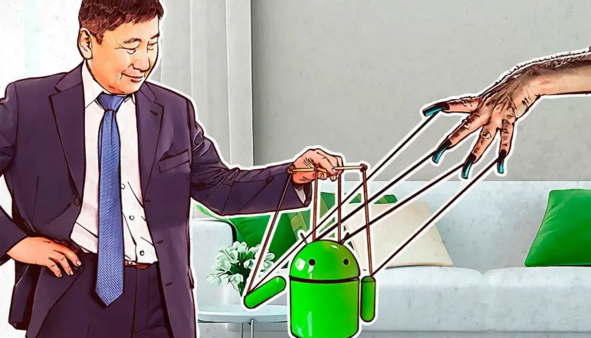 Mężczyzna w garniturze steruje Androidem jak marionetką, podczas gdy inna dłoń z długimi pazurami również pociąga za sznurki, sugerując kontrolę nad systemem, nawet na poziomie root.