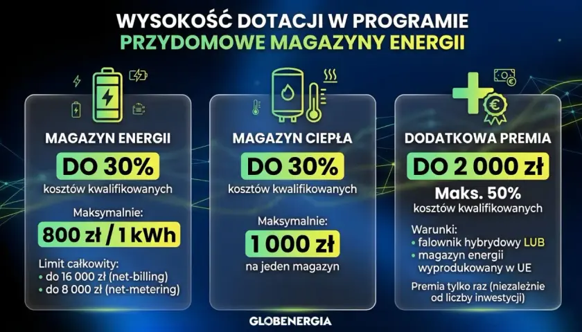 Dofinansowanie na magazyn energii 2026: do 30% kosztów kwalifikowanych, maks. 800 zł/kWh. Dodatkowa premia do 2000 zł.
