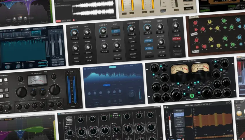 Eine Collage aus Audio-Plugins, die das Mastering von Musik mit verschiedenen Werkzeugen wie Kompressoren und EQs zeigt.