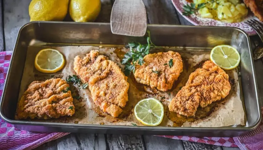 Vier goldbraune Schnitzel im Backofen, garniert mit Petersilie und Zitronenscheiben. Ein Genuss für Augen und Gaumen!
