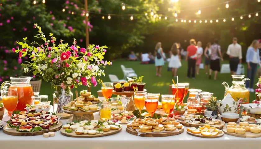 Un apéro dinatoire d'anniversaire en extérieur, avec des boissons colorées, des petits fours et des toasts. Des guirlandes lumineuses illuminent la scène.