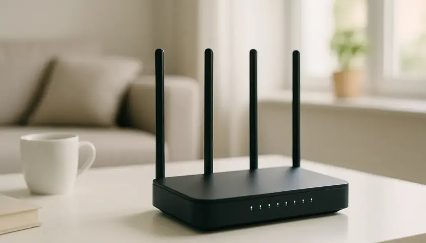 Czarny router z antenkami na białym stole, obok kubek i książka. Zastanawiasz się, ile prądu zużywa router?