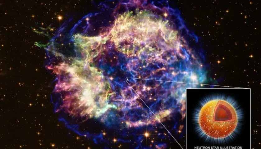Kolorowa mgławica kosmiczna, w której znajduje się gwiazda neutronowa. Jej masa jest ogromna, porównywalna do masy Saturna.