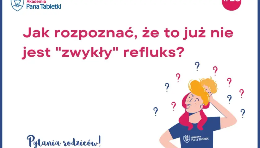 Ilustracja przedstawia zamyśloną osobę z dzieckiem na ramionach, otoczoną znakami zapytania.