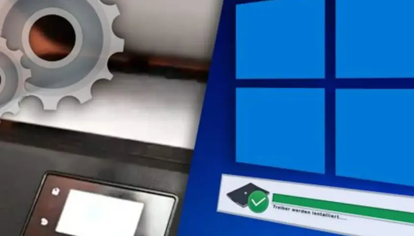 Scanner-App für Windows 11 wird installiert. Zahnräder und ein Drucker deuten auf die Einrichtung hin.