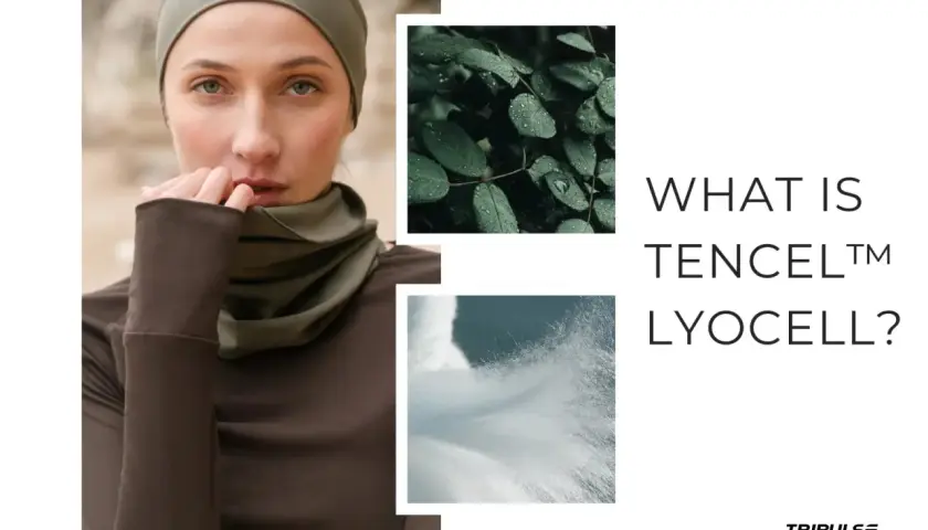 A woman wears a headband and cowl neck made of soft lyocell fabric. Images of leaves and fibers hint at the material's natural origins.