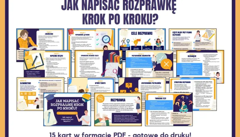 Grafika przedstawia kolaż kart z poradnikiem "Jak napisać rozprawkę krok po kroku", z tekstem i ilustracjami.