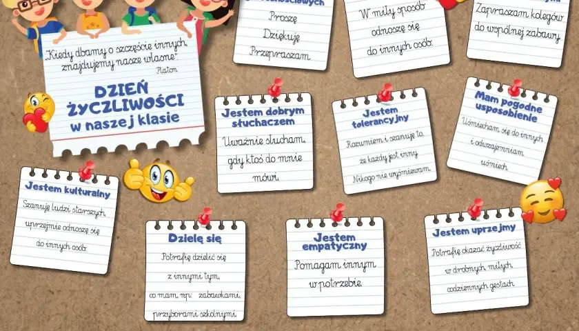 Ilustracja przedstawia tablicę z karteczkami o Dniu Życzliwości, na których widnieją rysunki dzieci i emotikony.