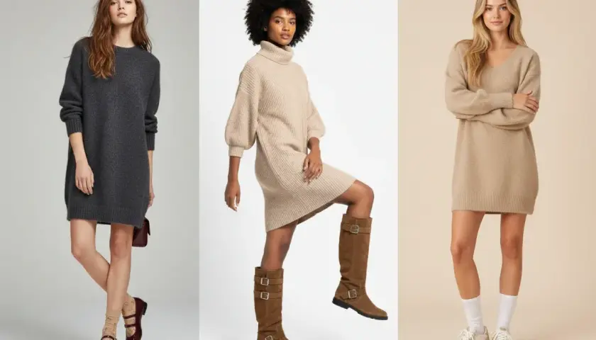 Trois femmes portent des robes pull. La première, en gris foncé, est chaussée de babies et chaussettes. La deuxième, en beige, porte des bottes hautes. La troisième, en beige clair, opte pour des baskets. Quelle chaussure mettre avec une robe pull ?