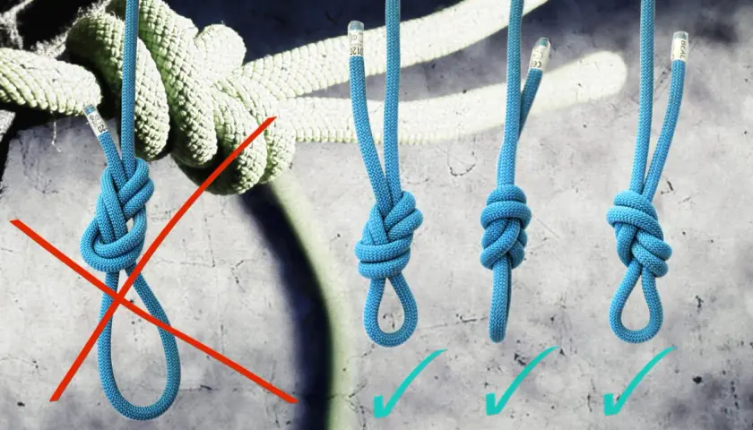 Der falsche Knoten am Seil ist durchgestrichen. Drei korrekte Knoten am Seil sind mit Häkchen markiert.