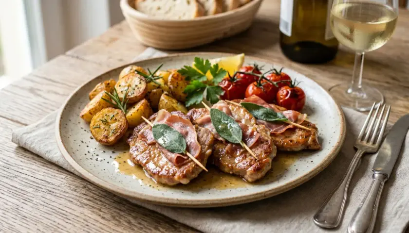 Saltimbocca mit Rosmarinkartoffeln und Kirschtomaten, dazu ein Glas Weißwein.