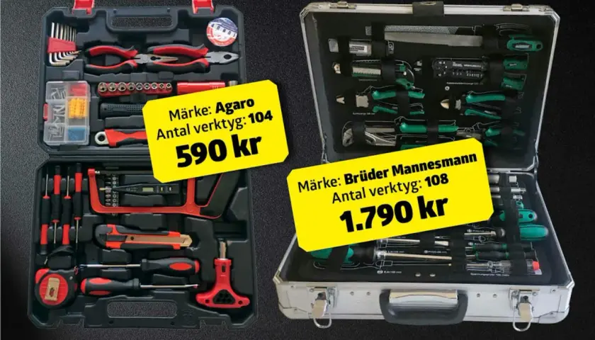 Två verktygslådor, en röd och svart med 104 delar för 590 kr, och en silverfärgad med 108 delar för 1790 kr. Perfekt för hemmafixaren, som en elektrisk vagga för verktygen.