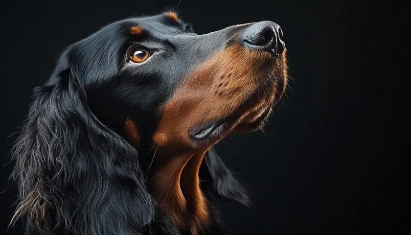 Un elegante setter irlandés negro, con su mirada penetrante y pelaje lustroso, espera atento.