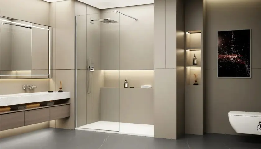 Salle de bain moderne avec douche à l'italienne spacieuse, lavabo suspendu et WC. La **dimension douche italienne** est optimisée pour un confort maximal.