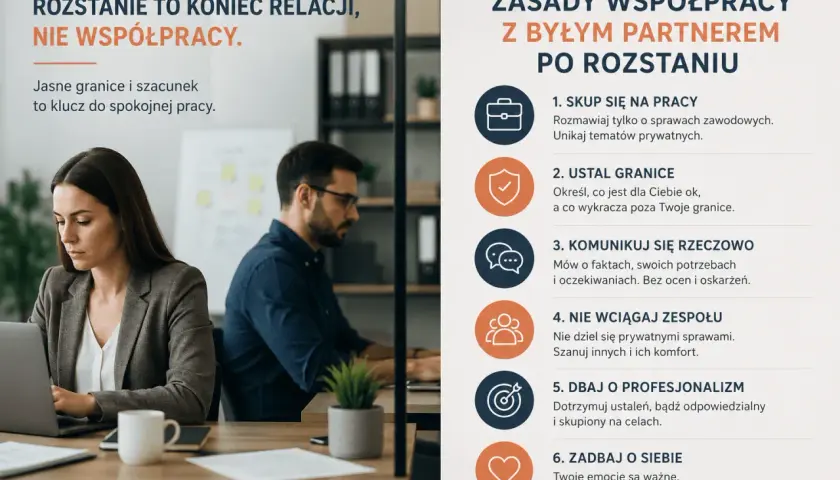 Rozstanie to koniec relacji, nie współpracy. Facet utrzymuje kontakt z byłą, by skupić się na pracy, ustalić granice i komunikować rzeczowo.