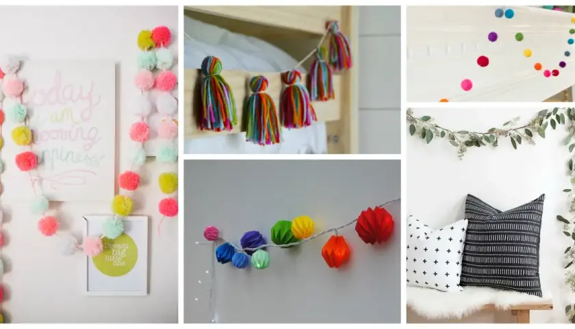 Guirnalda navidad manualidades: pompones de colores, borlas, esferas de papel y ramas de eucalipto.
