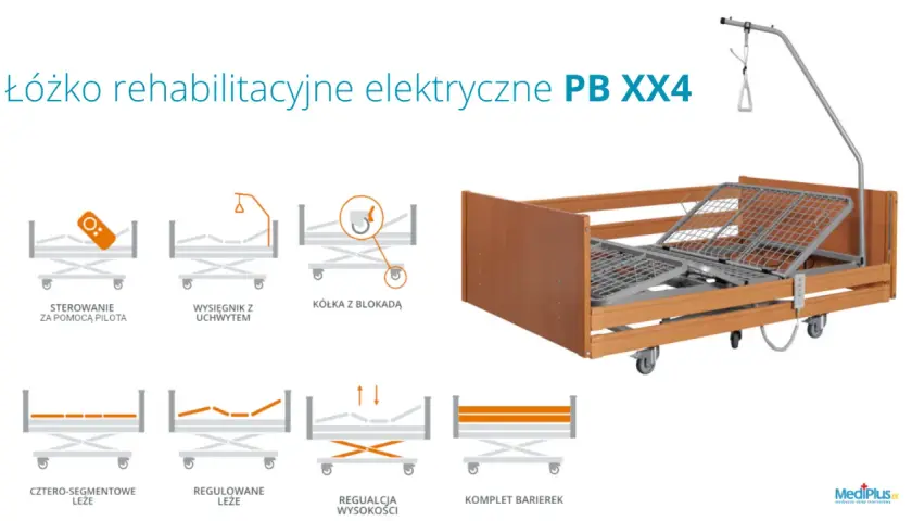 Łóżko rehabilitacyjne elektryczne PB XX4 z regulacją wysokości i pilotem. Wymiary łóżka dostosowane do potrzeb pacjenta.