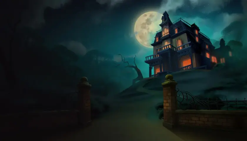 Una casa stregata (haunted house) si erge su una collina sotto una luna piena, con luci arancioni che brillano dalle finestre.