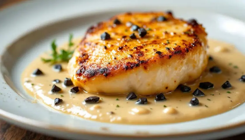 Un plat invité : un pavé de poisson doré, nappé d'une sauce onctueuse parsemée d'olives noires et d'une touche de persil.