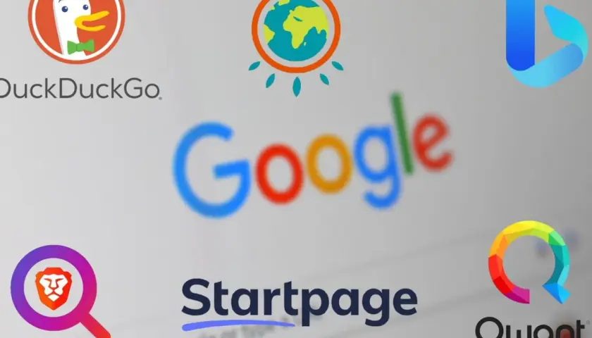 Logo wyszukiwarek: DuckDuckGo, Google, Bing, Startpage, Brave i Qwant. Qwant wyszukiwarka stawia na prywatność.