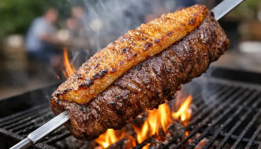 Une succulente picanha grillée sur des braises ardentes, fumant délicieusement. La graisse croustillante et la viande juteuse promettent un festin.