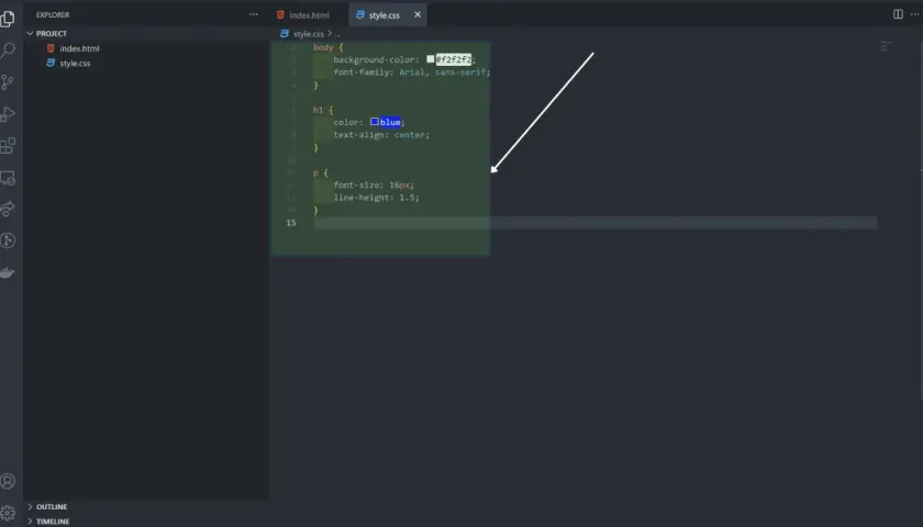 Widok kodu w edytorze, pokazujący plik `style.css` z regułami dla `body`, `h1` i `p`. To przykład, jak połączyć CSS z HTML, nadając styl elementom strony.