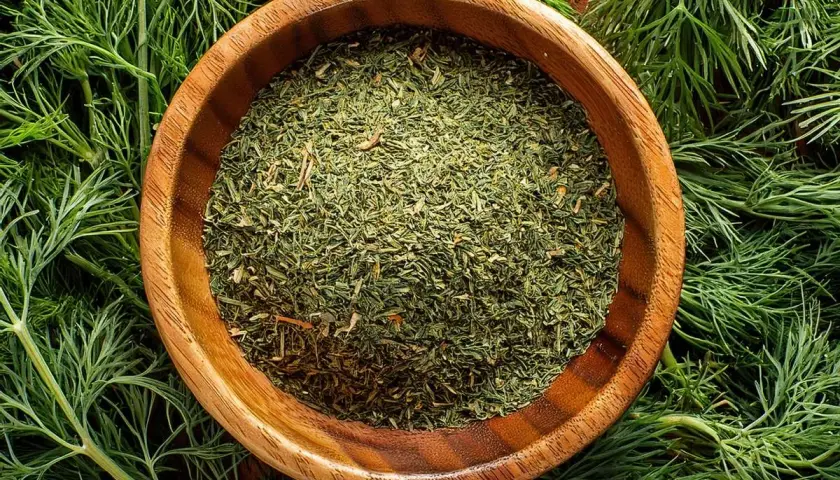 Get creative with dill: trocknen oder einfrieren für langanhaltenden Geschmack. Frische Dillzweige umrahmen eine Holzschale mit getrocknetem Dill.