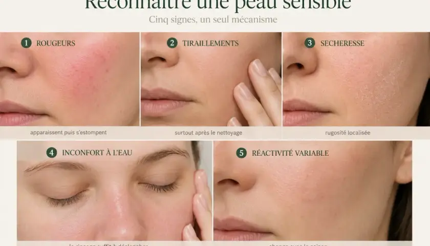 Cinq signes de peau réactive visage : rougeurs, tiraillements, sécheresse, inconfort à l'eau, réactivité variable.