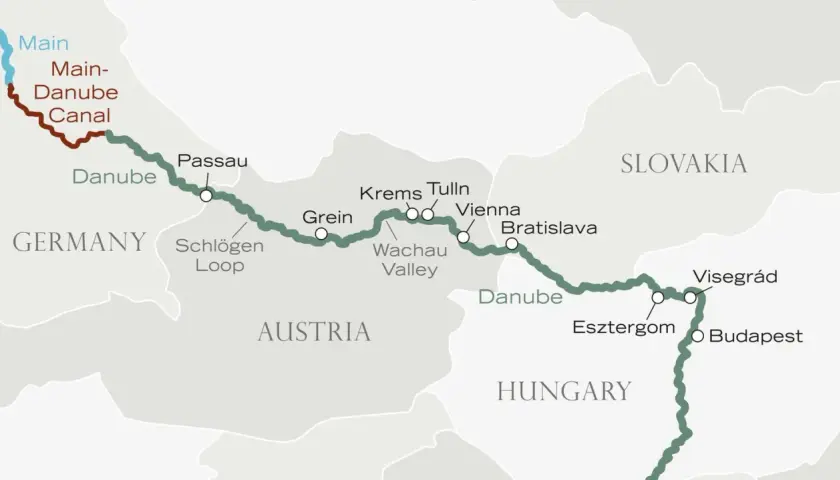 Map showing the route from Passau to Vienna along the Danube River, passing through Germany, Austria, Slovakia, and Hungary.