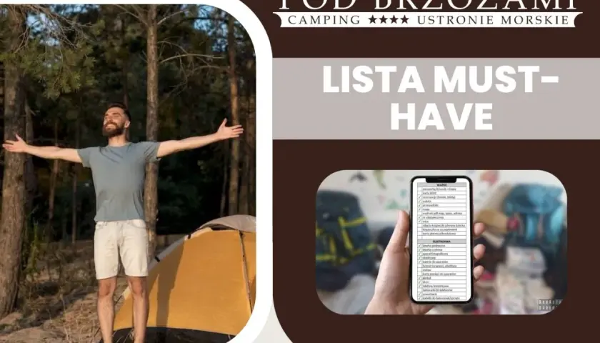 Mężczyzna z radością wita biwak, a lista "must-have" na telefonie podpowiada, co zabrać na biwak.