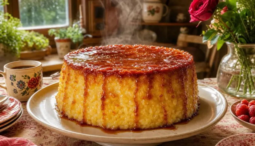 Un délicieux gâteau de riz crémeux, nappé d'un caramel doré et dégoulinant. Vapeur s'échappant, invitant à la dégustation.