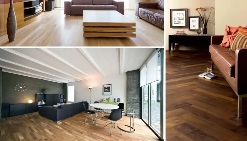 Soggiorni moderni con pavimenti in laminato effetto legno, da chiaro a scuro, in diverse pose.